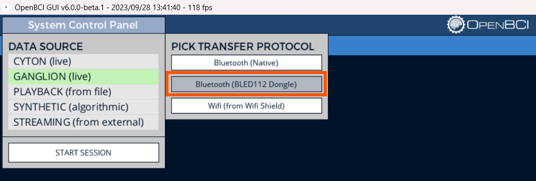 selecting ganglion ble from the transfer protocol