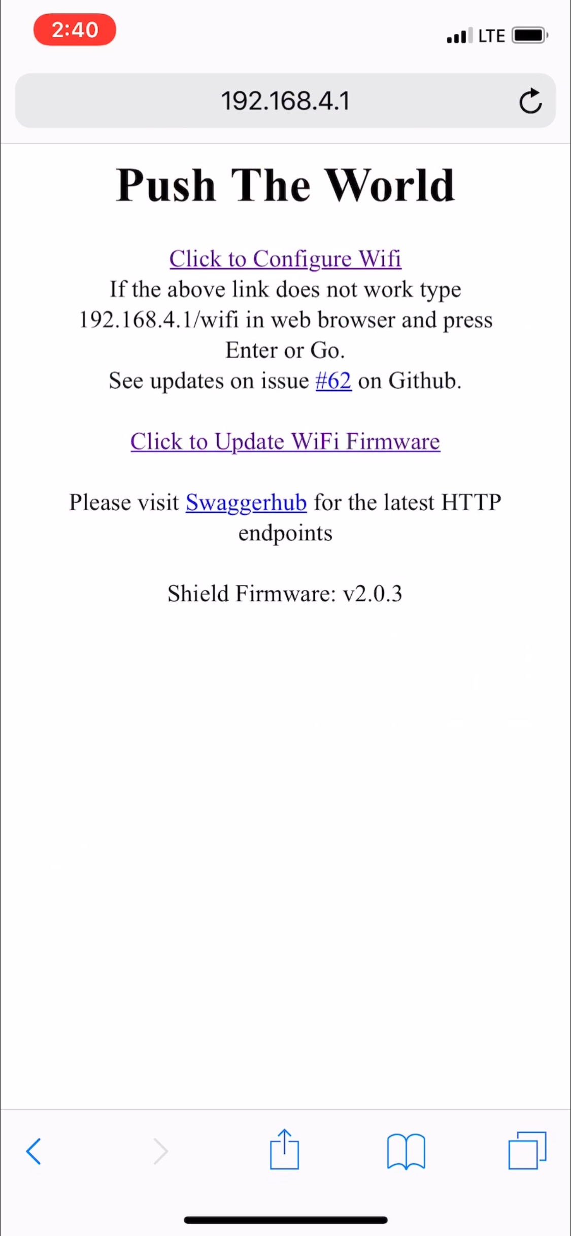 WiFi Shield home page on iPhone