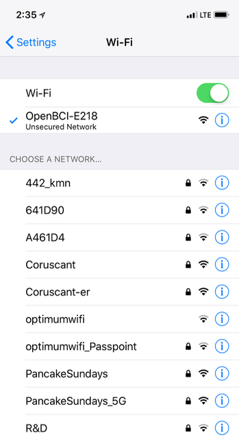 iPhone Connected to `OpenBCI-E218`